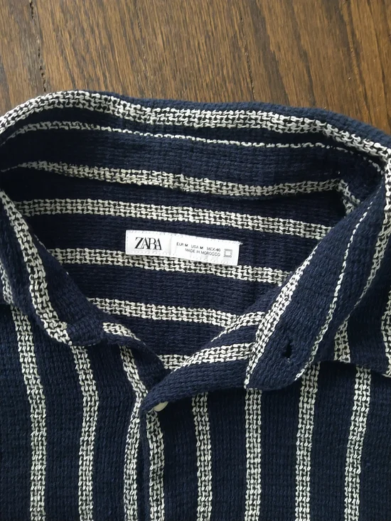 ZARA Navy & White Striped Knit Polo Shirt - Picture 3 of 7